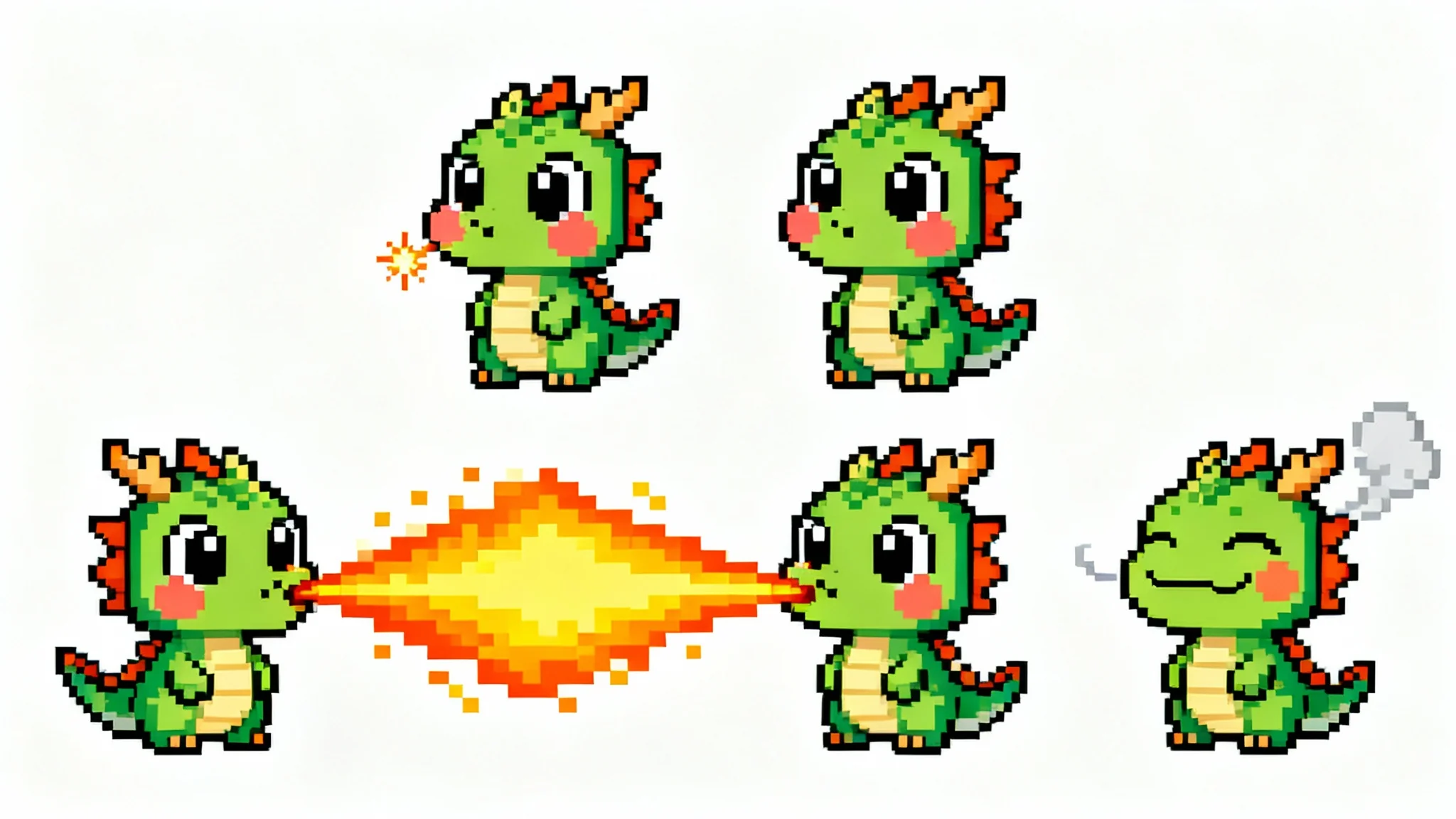 An animation sequence in four pixel art frames showing a small green dragon breathing fire, set against a plain white background.