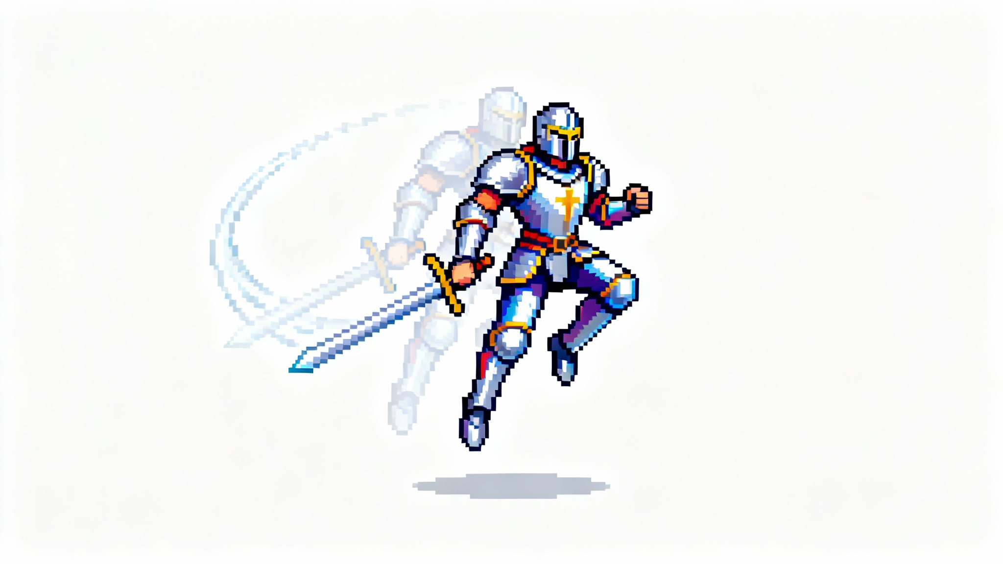 A 16-bit pixel art knight frozen in a dynamic mid-air pose against a white background. Faint afterimages trail behind the knight, visually representing the concept of animation.