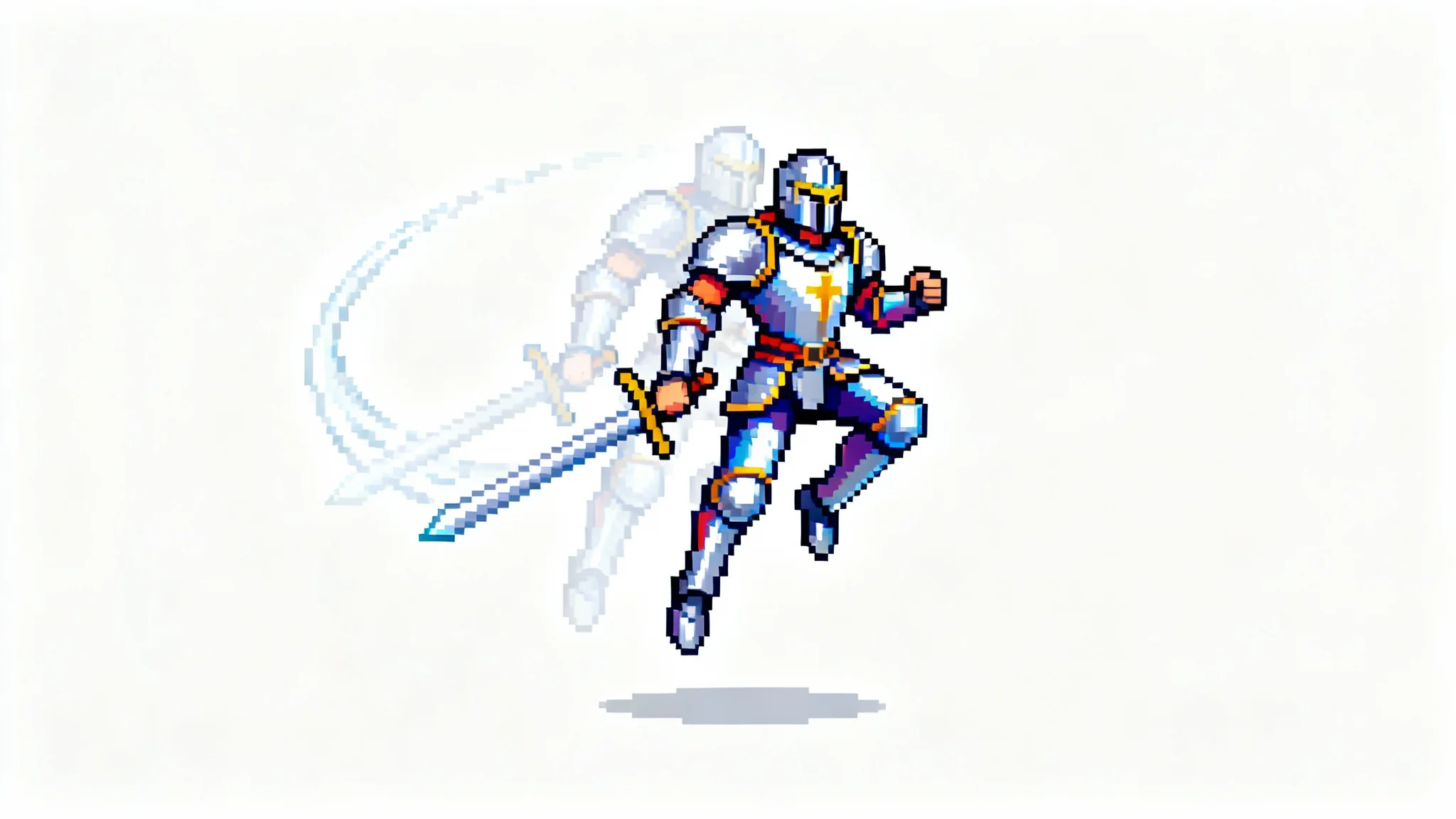 A 16-bit pixel art knight frozen in a dynamic mid-air pose against a white background. Faint afterimages trail behind the knight, visually representing the concept of animation.
