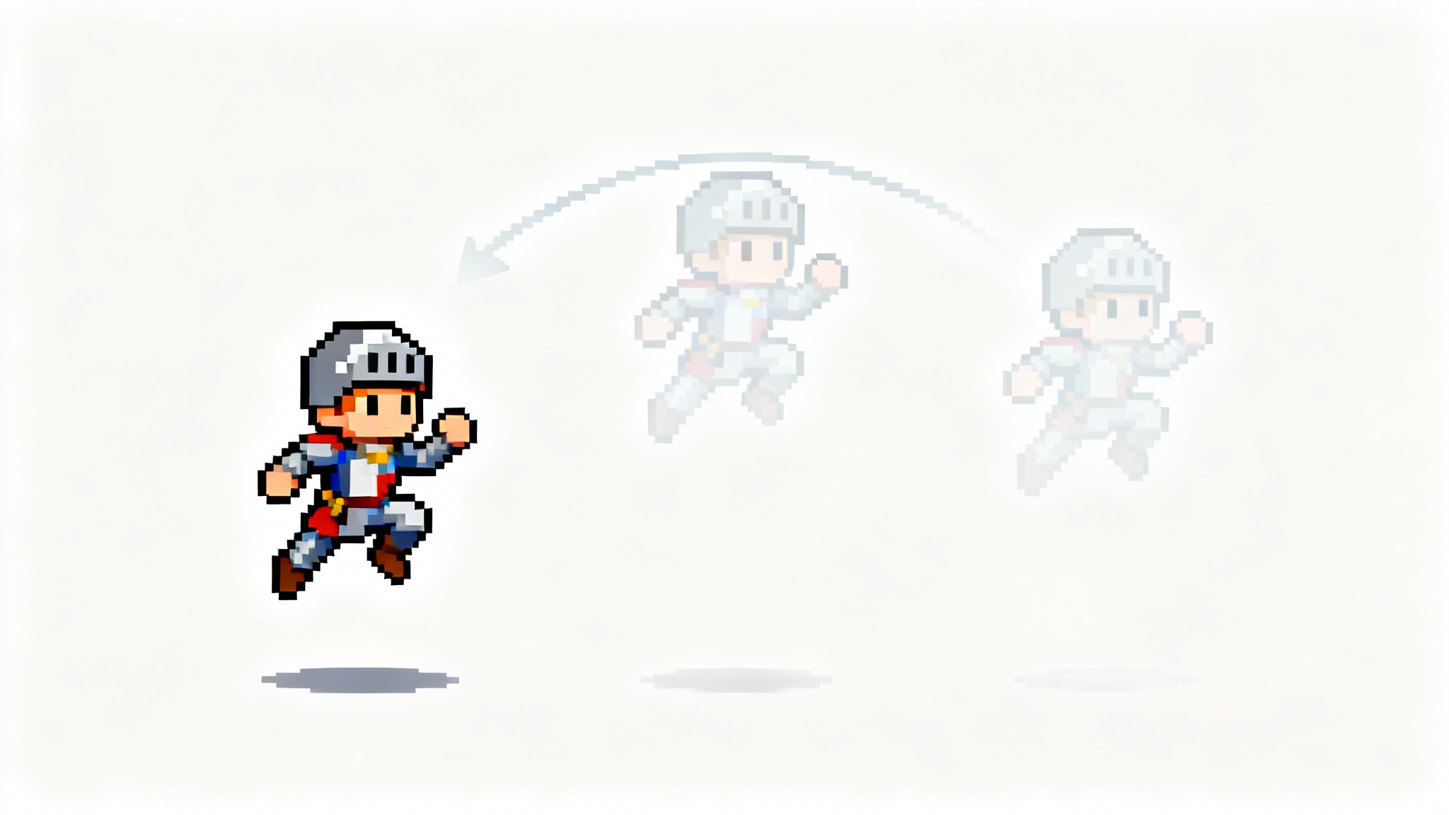 A pixel art knight character captured mid-jump against a plain white background, with faint afterimages trailing behind it to illustrate the concept of animation.