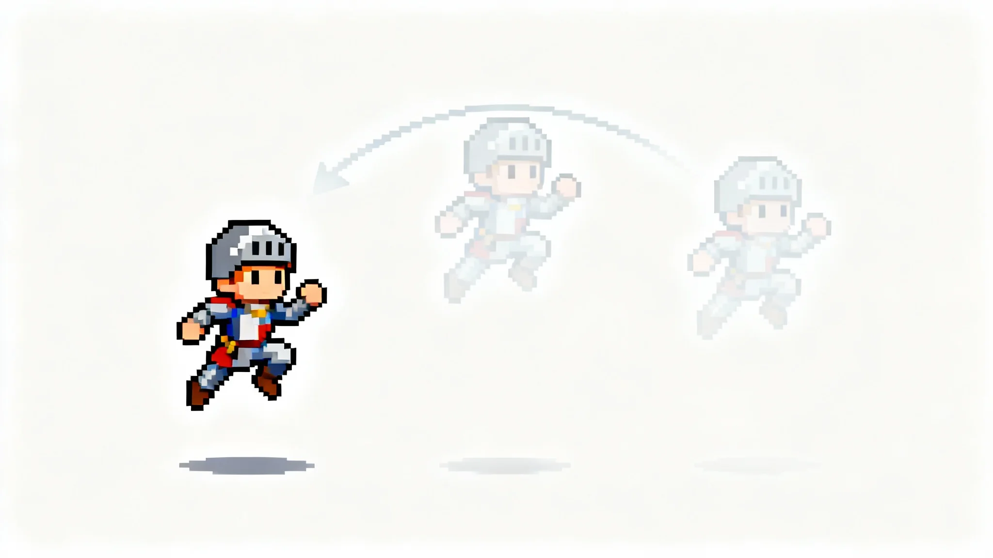 A pixel art knight character captured mid-jump against a plain white background, with faint afterimages trailing behind it to illustrate the concept of animation.