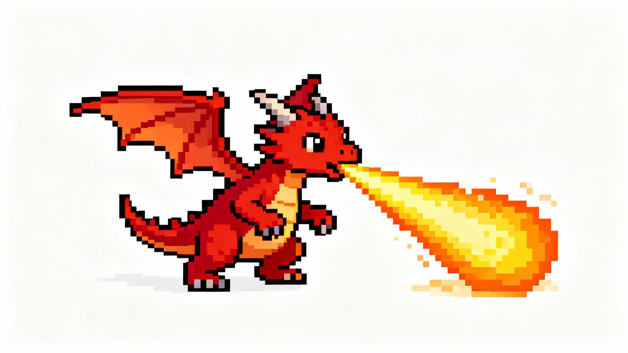 A 16-bit pixel art animation of a small red dragon breathing fire, isolated on a white background, demonstrating an animation effect.