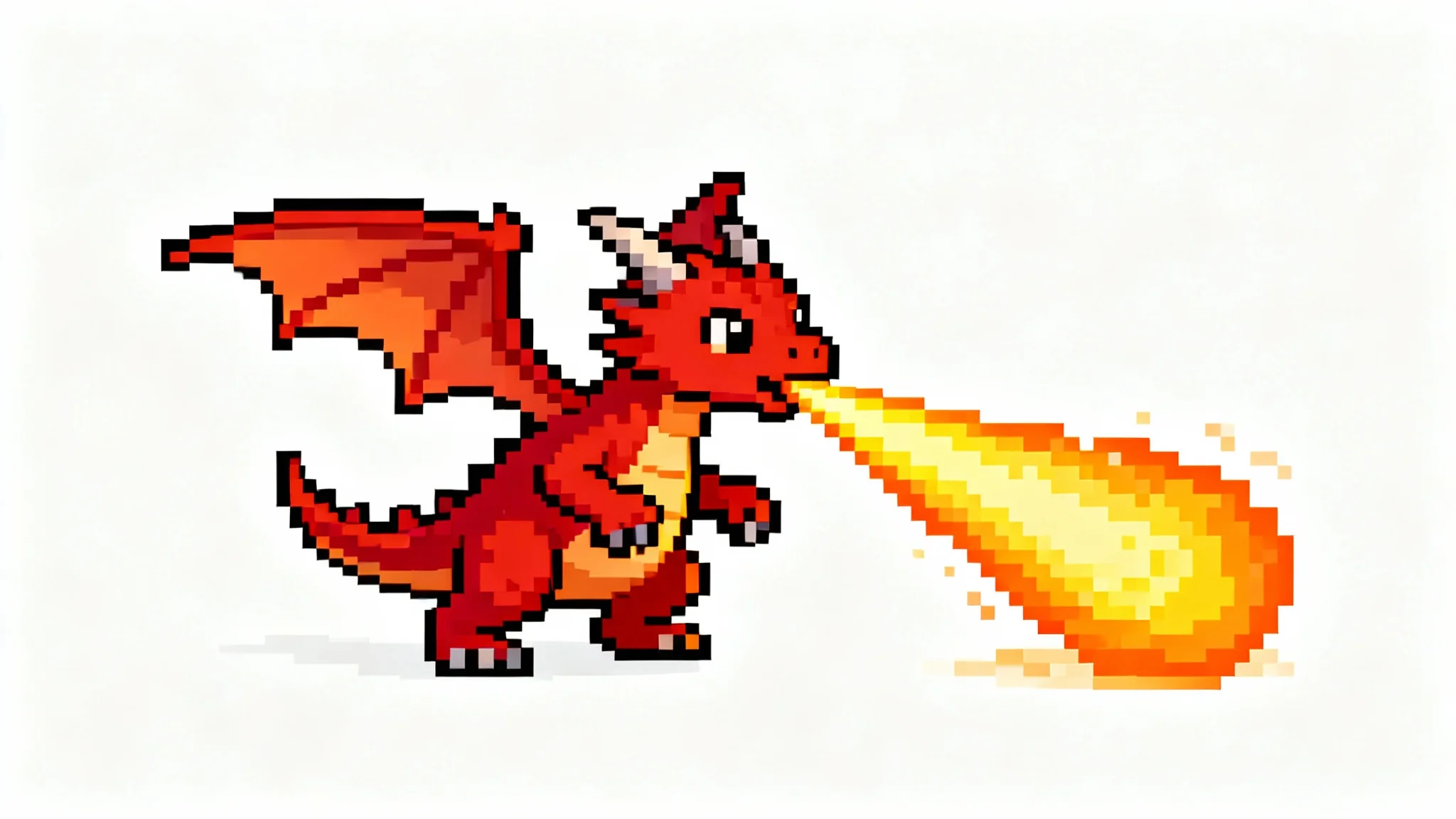 A 16-bit pixel art animation of a small red dragon breathing fire, isolated on a white background, demonstrating an animation effect.
