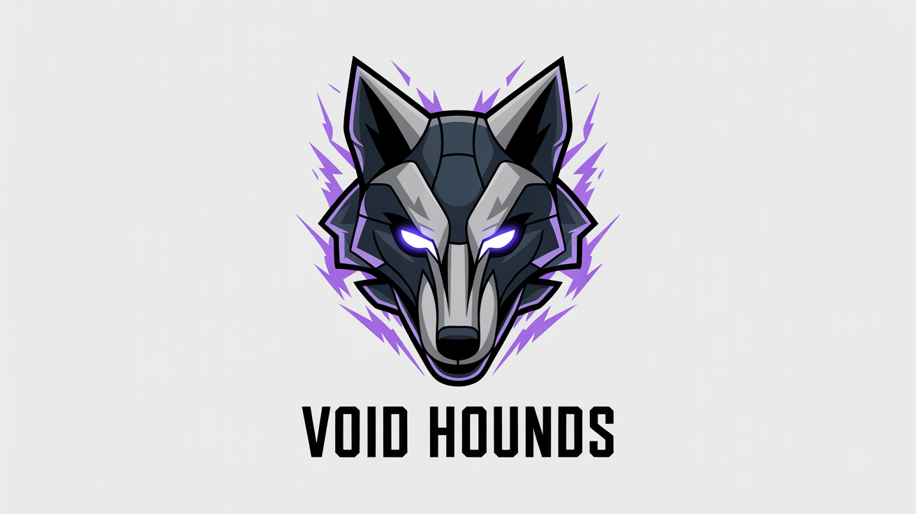 A professional esports team logo mockup for a fictional team called 'VOID HOUNDS'. The logo features a stylized, cybernetic wolf head in charcoal and silver with glowing blue eyes on a white background.