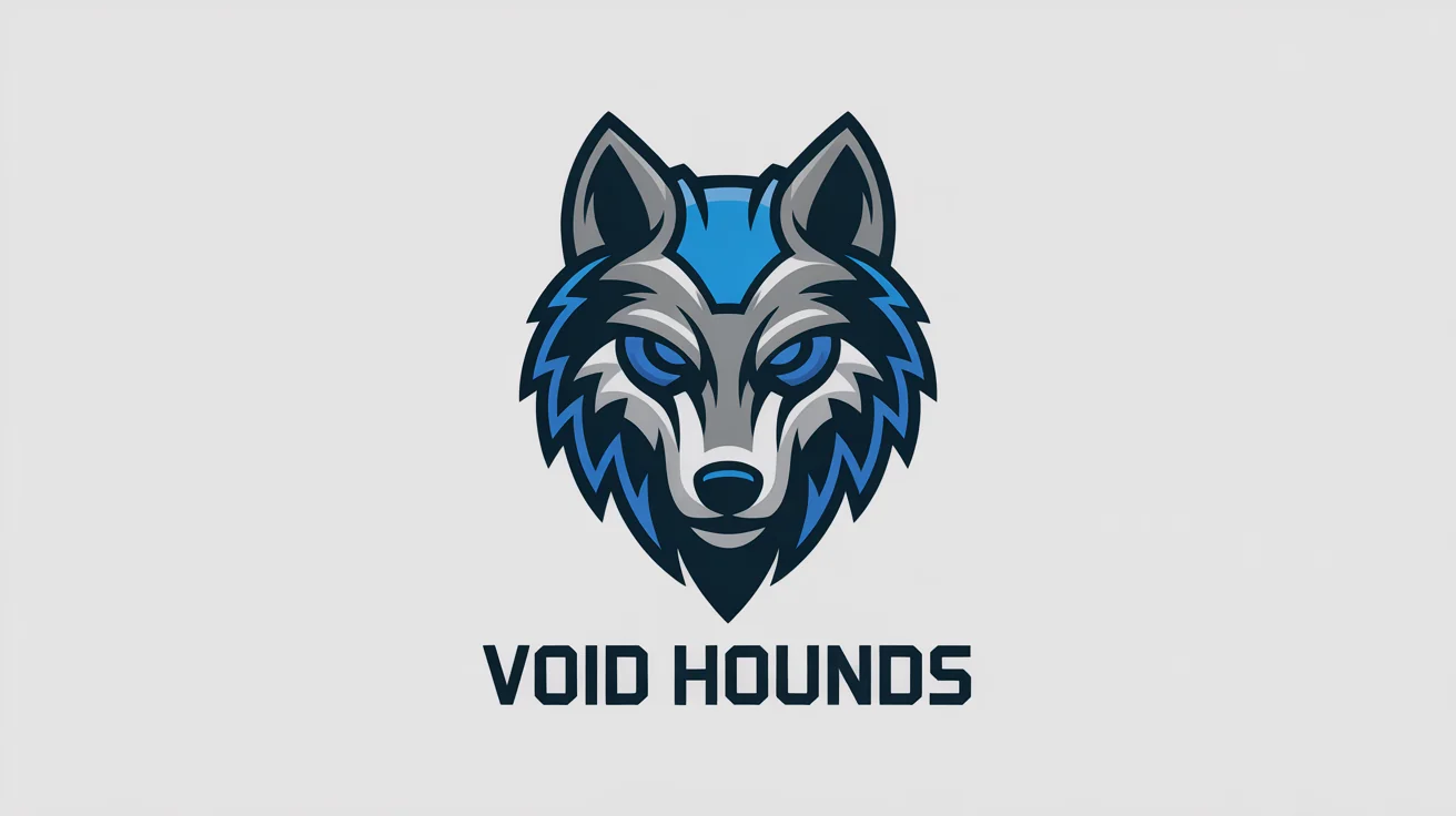 A professional esports team logo for the 'VOID HOUNDS', featuring a futuristic, cybernetic wolf head with glowing blue eyes on a white background.