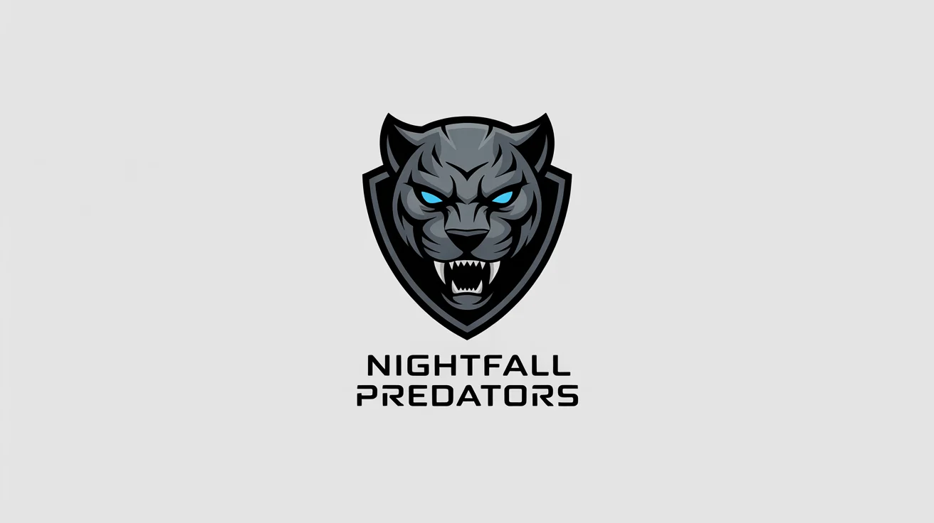 A professional esports logo for a team named 'Nightfall Predators', featuring a futuristic cybernetic panther head in shades of dark grey and electric blue, set against a white background.
