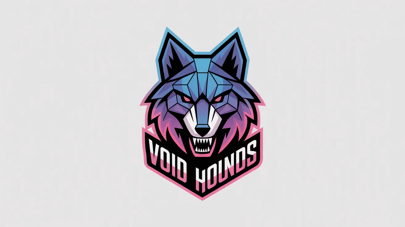 A professional esports logo for a team named 'VOID HOUNDS', featuring a stylized, futuristic wolf head in shades of blue and magenta on a white background.