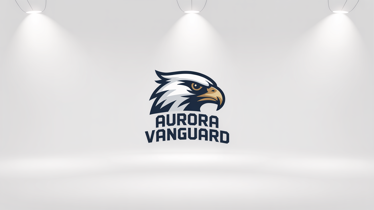 A professional esports logo mockup for a team named "AURORA VANGUARD." The logo features a stylized falcon's head in navy blue, gold, and white on a clean white background.