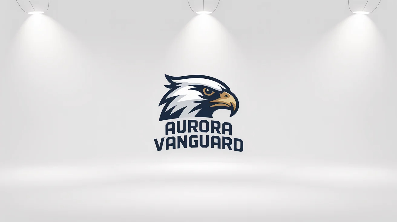 A professional esports logo mockup for a team named "AURORA VANGUARD." The logo features a stylized falcon's head in navy blue, gold, and white on a clean white background.