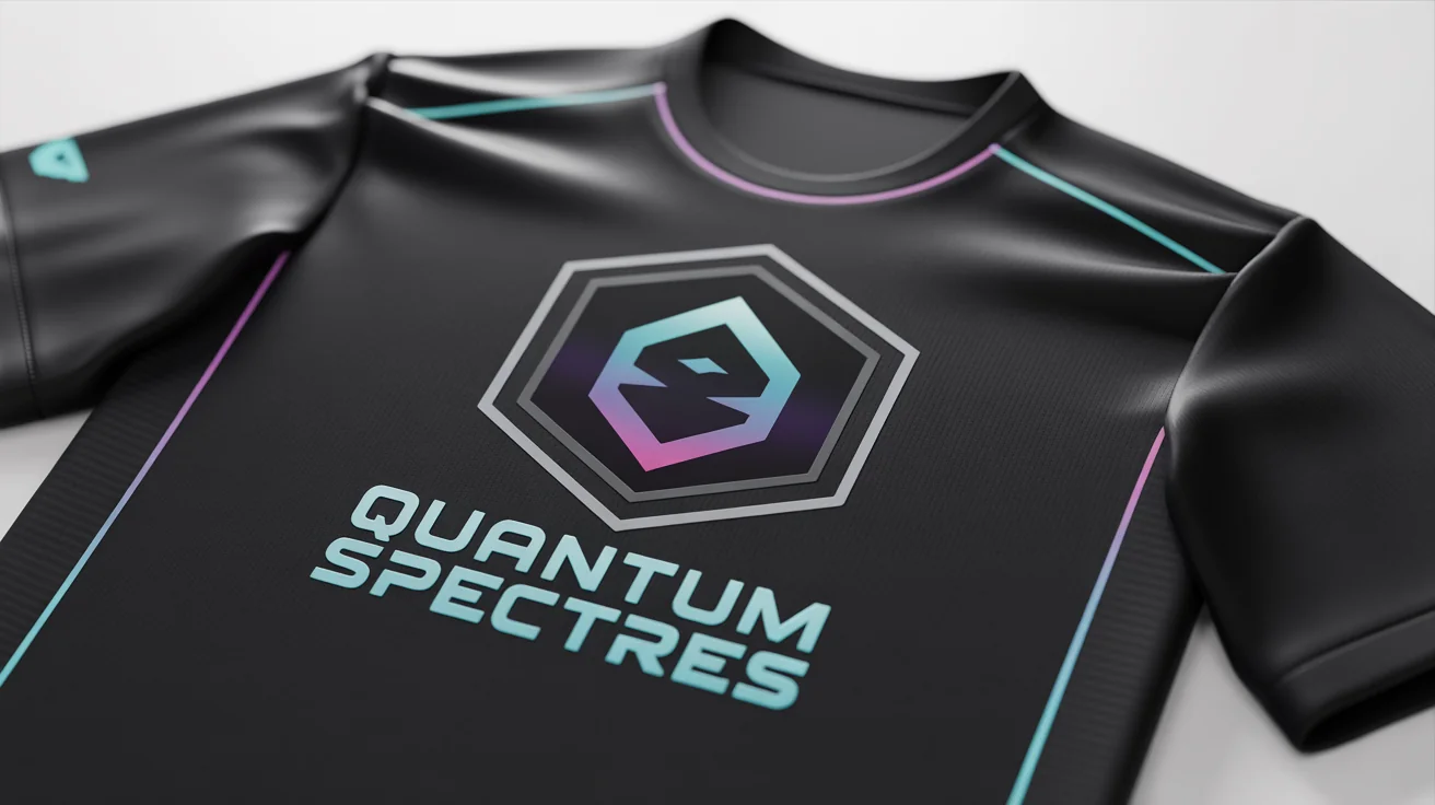A professional logo mockup for an esports team called 'Quantum Spectres', featuring a glowing spectral figure, displayed on a black jersey against a clean white background.