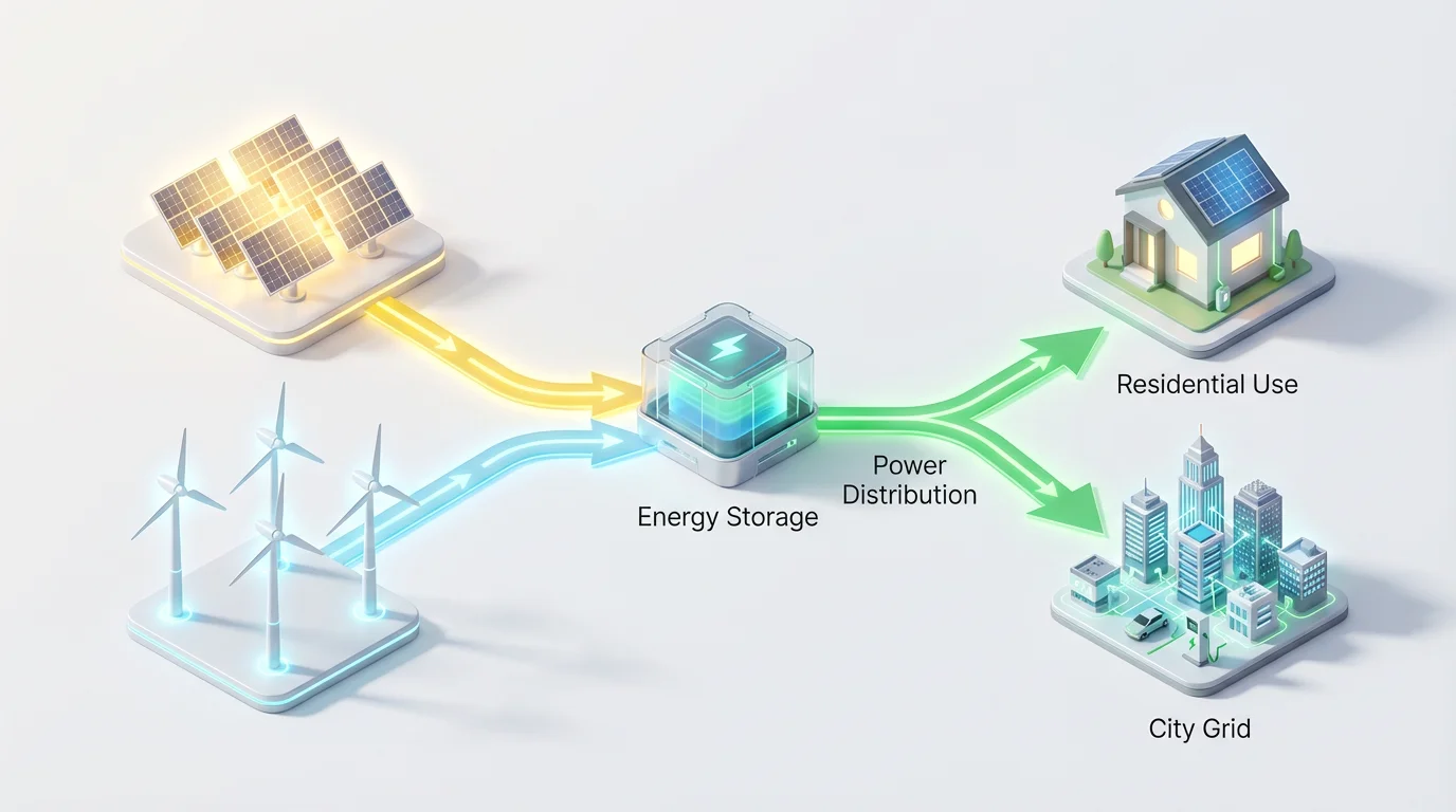 A professionally designed isometric energy flow diagram showing how renewable energy from solar panels and wind turbines is captured, sent to an energy storage unit, and then distributed for residential and city use, all presented in a clean, modern infographic style.