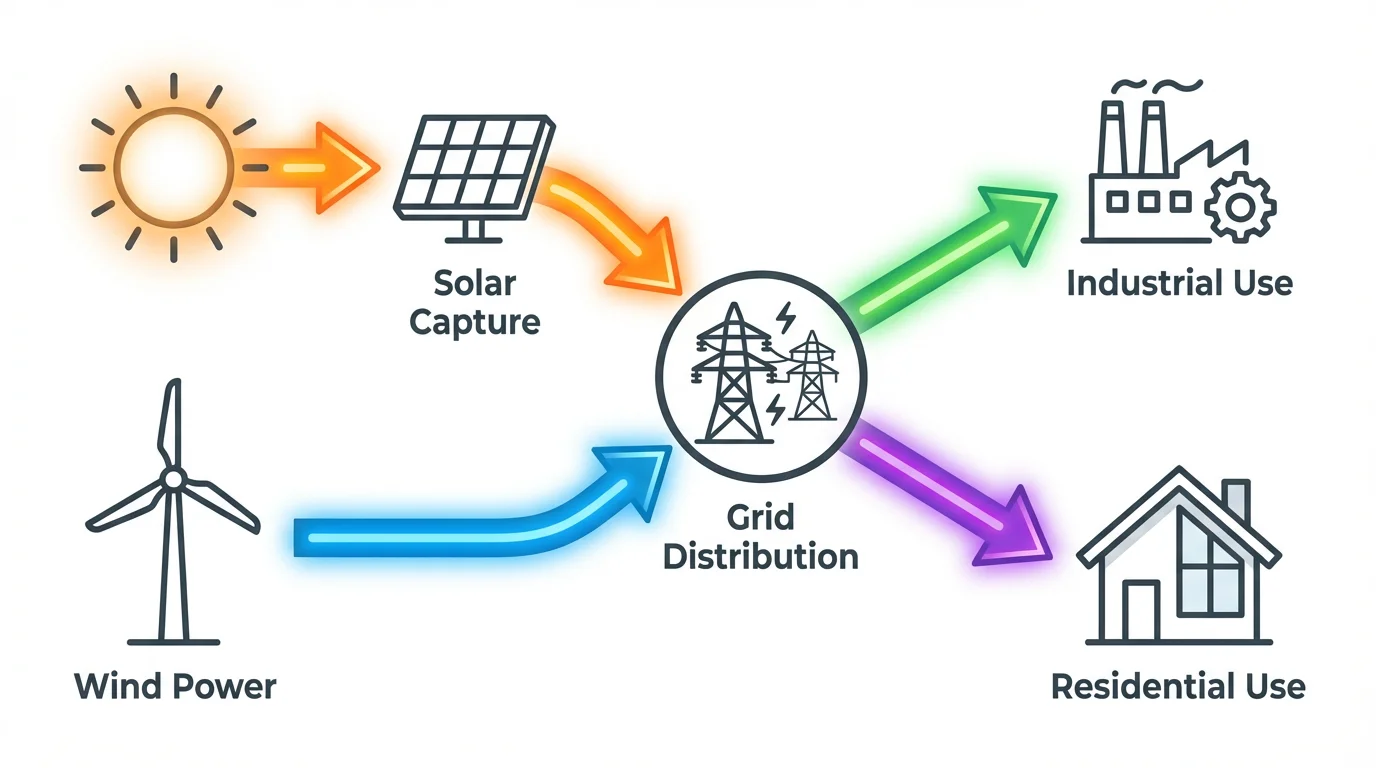 A modern, infographic-style energy flow diagram on a white background. The diagram visually traces the path of energy from a sun and wind turbine, through a central power grid, to both industrial and residential uses, with clear labels and colorful flowing lines.
