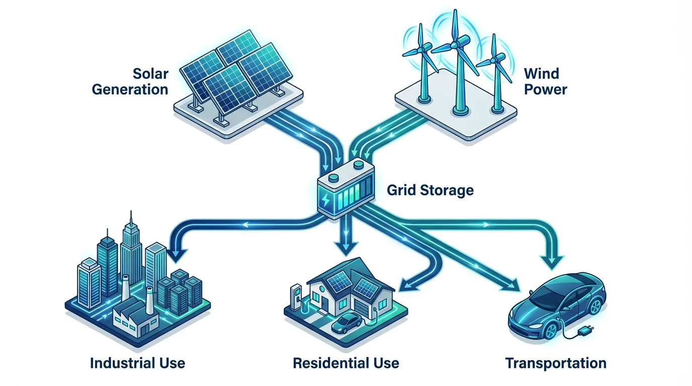 A modern isometric energy flow diagram showing renewable energy distribution. Power from solar and wind sources flows to a central grid storage unit, then branches out to industrial, residential, and transportation sectors.