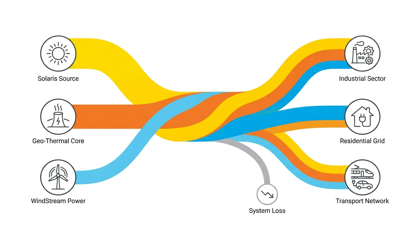 A minimalist energy flow diagram on a white background, showing energy moving from sources named 'Solaris Source', 'Geo-Thermal Core', and 'WindStream Power' to destinations labeled 'Industrial Sector', 'Residential Grid', and 'Transport Network' through colorful bands.