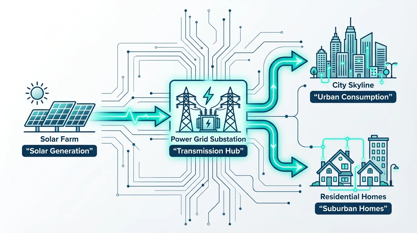 A modern, flat-style diagram showing the flow of solar energy. It illustrates the path from a solar farm, through a transmission hub, to city and suburban homes, with clear labels and glowing teal lines indicating the energy path on a white background.