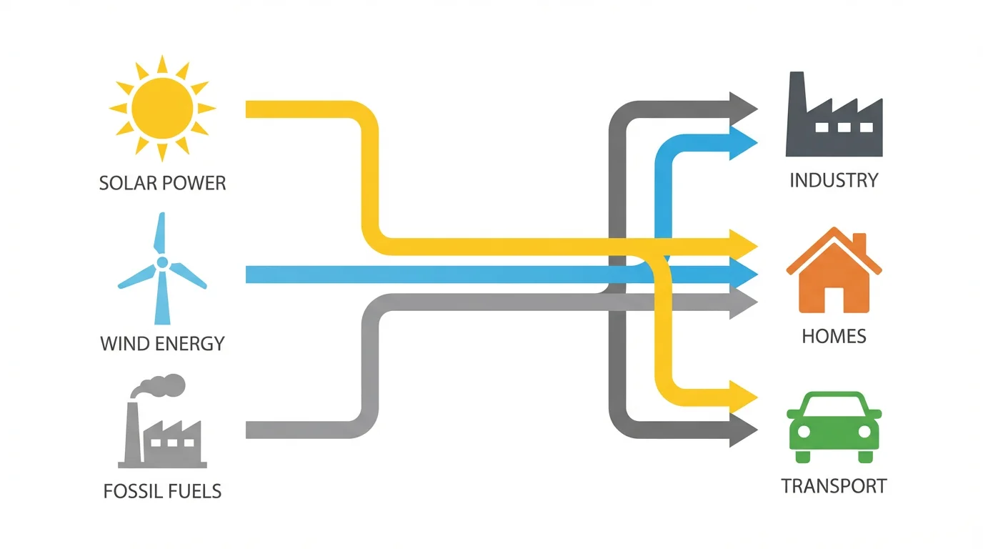 A minimalist diagram showing the flow of energy from sources like solar, wind, and fossil fuels to sectors such as industry, homes, and transport.