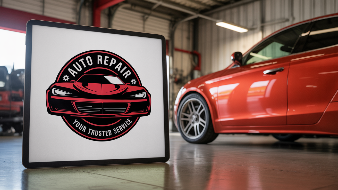 A recreated logo for 'AUTO REPAIR' presented in a professional branding mockup, showing the crisp red and black circular logo on a business card and tablet.