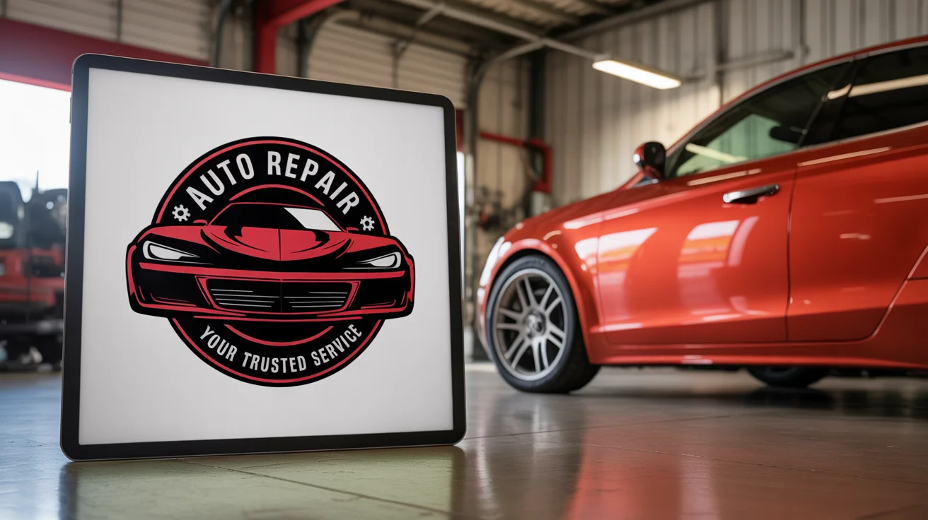 A recreated logo for 'AUTO REPAIR' presented in a professional branding mockup, showing the crisp red and black circular logo on a business card and tablet.