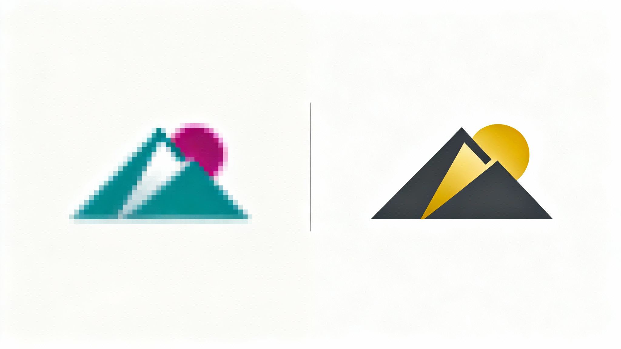 A side-by-side comparison showing a logo recreation. On the left, an old, pixelated mountain and sun logo. On the right, the same logo redesigned as a sharp, modern, high-resolution vector graphic.