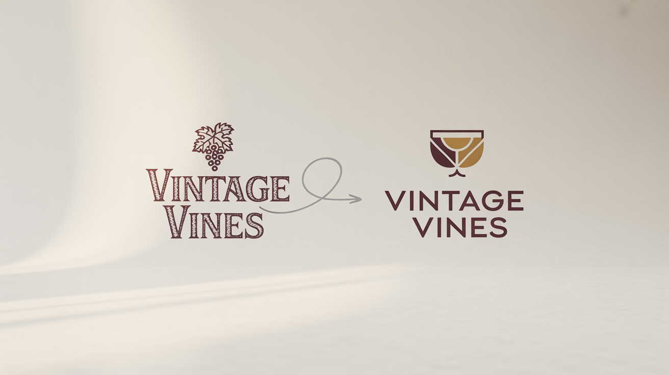 A before-and-after image showing a logo recreation. On the left is an old, dated 'Vintage Vines' logo, and on the right is its modern, minimalist, and professionally redesigned version.