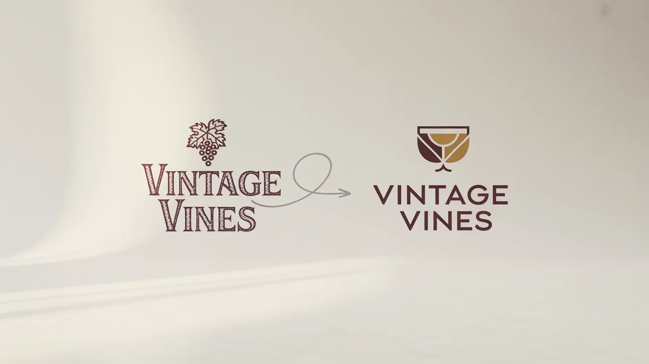 A before-and-after image showing a logo recreation. On the left is an old, dated 'Vintage Vines' logo, and on the right is its modern, minimalist, and professionally redesigned version.