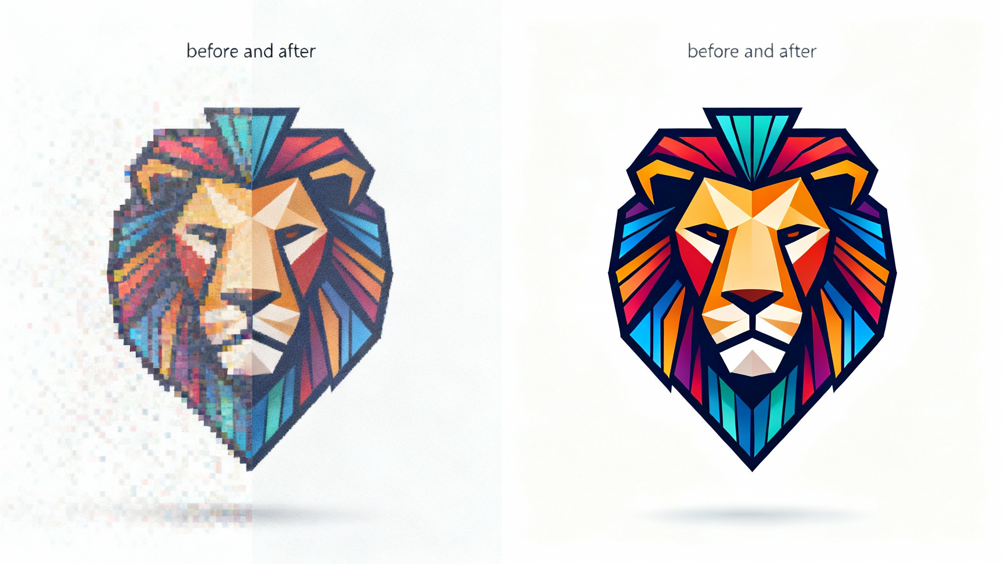 A logo of a lion's head is split in two, demonstrating a logo recreation service. The left side is blurry and pixelated, while the right side is sharp, clear, and high-resolution.