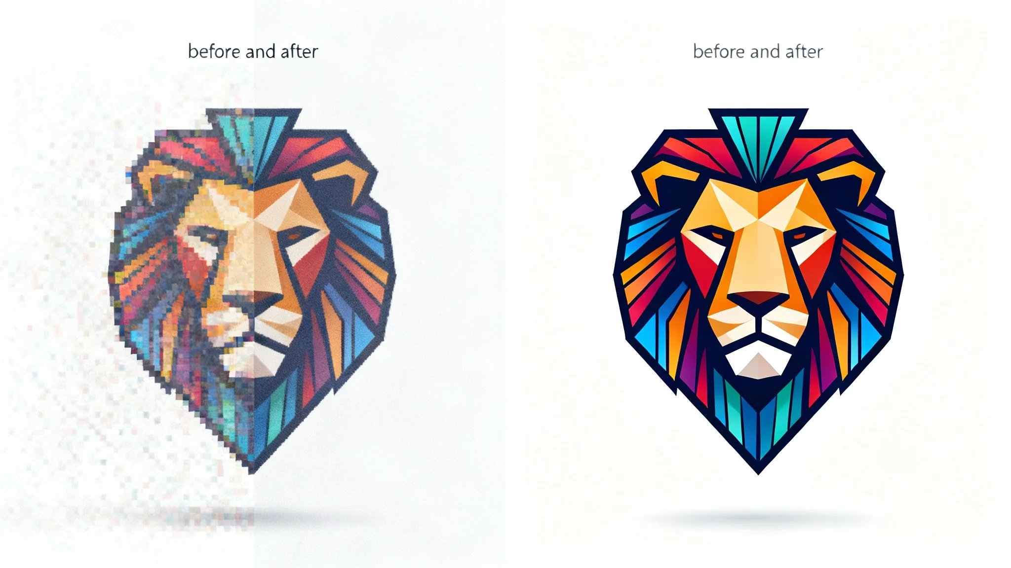 A logo of a lion's head is split in two, demonstrating a logo recreation service. The left side is blurry and pixelated, while the right side is sharp, clear, and high-resolution.
