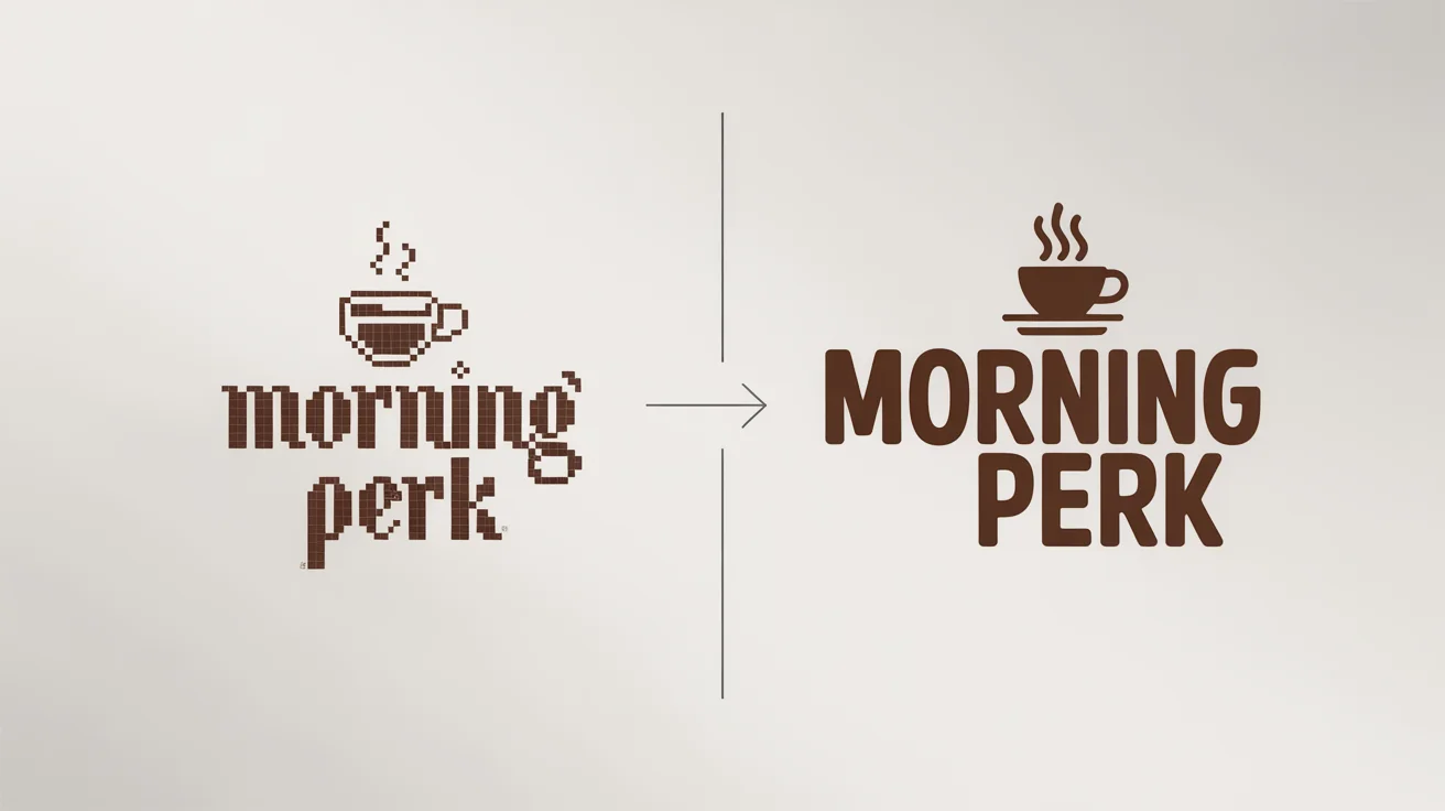 A before-and-after comparison of a logo recreation. On the left, an old, pixelated logo for 'Morning Perk', and on the right, the same logo redesigned to be modern, sharp, and clean.