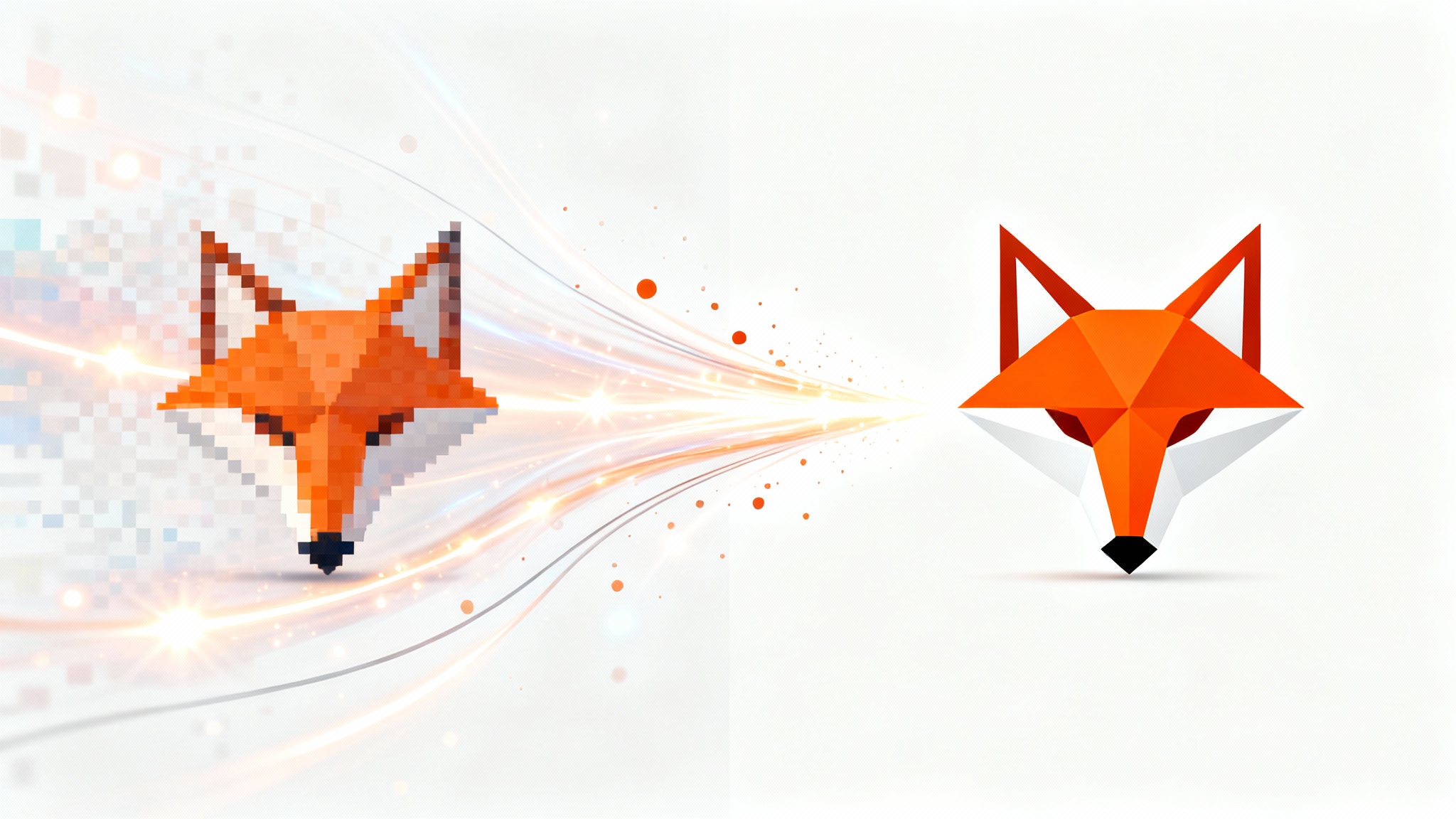 A conceptual image showing a logo being recreated. A blurry, pixelated logo of a fox on the left transforms into a sharp, modern, vector-style logo on the right, connected by streams of digital light, all on a clean white background.
