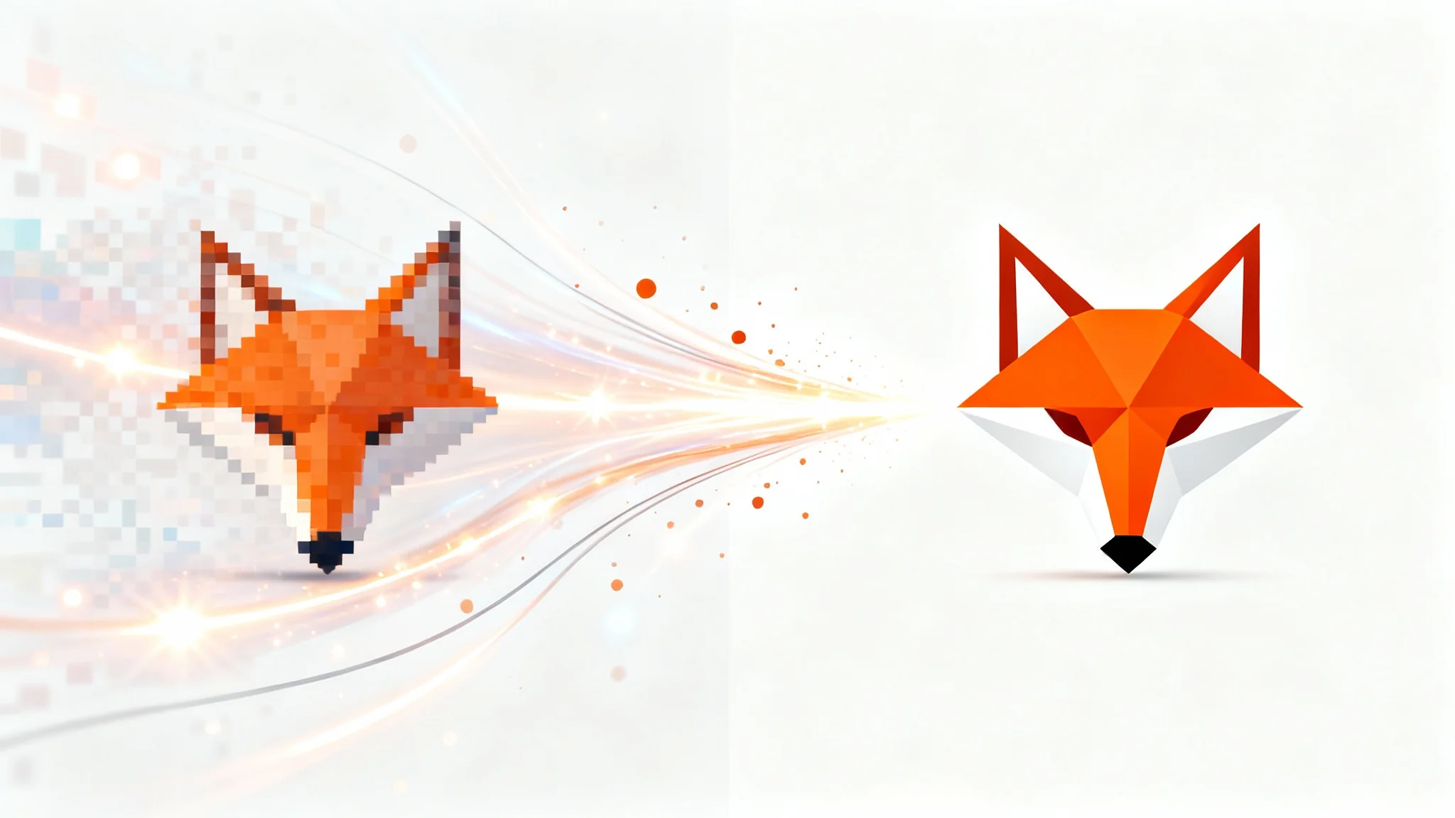 A conceptual image showing a logo being recreated. A blurry, pixelated logo of a fox on the left transforms into a sharp, modern, vector-style logo on the right, connected by streams of digital light, all on a clean white background.