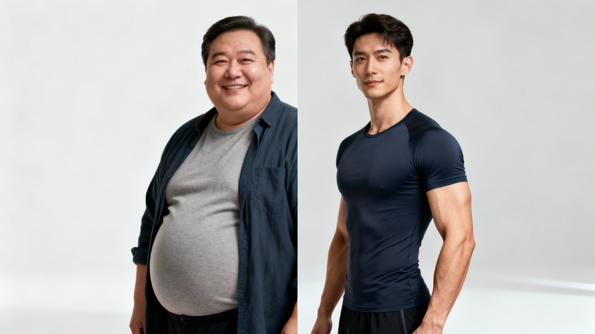 A split-screen hero image demonstrating a weight loss simulator. The left side shows a man before weight loss, and the right side shows a realistic simulation of the same man looking slimmer and healthier.