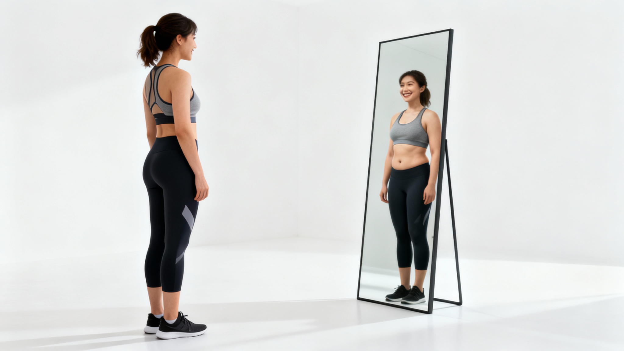 A person in athletic clothing looking into a mirror that reflects a fitter, healthier version of themself, representing a weight loss simulation.