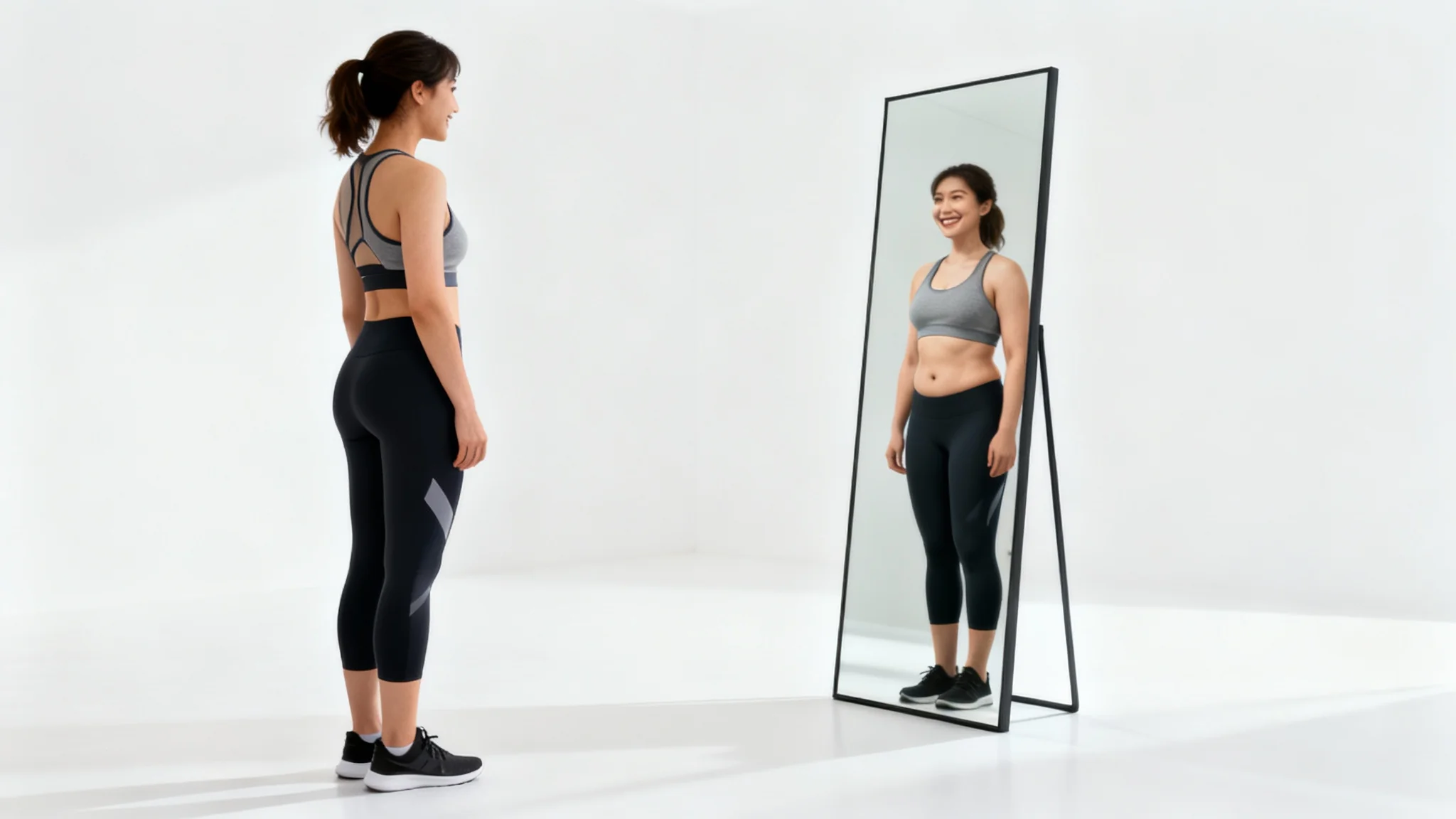 A person in athletic clothing looking into a mirror that reflects a fitter, healthier version of themself, representing a weight loss simulation.
