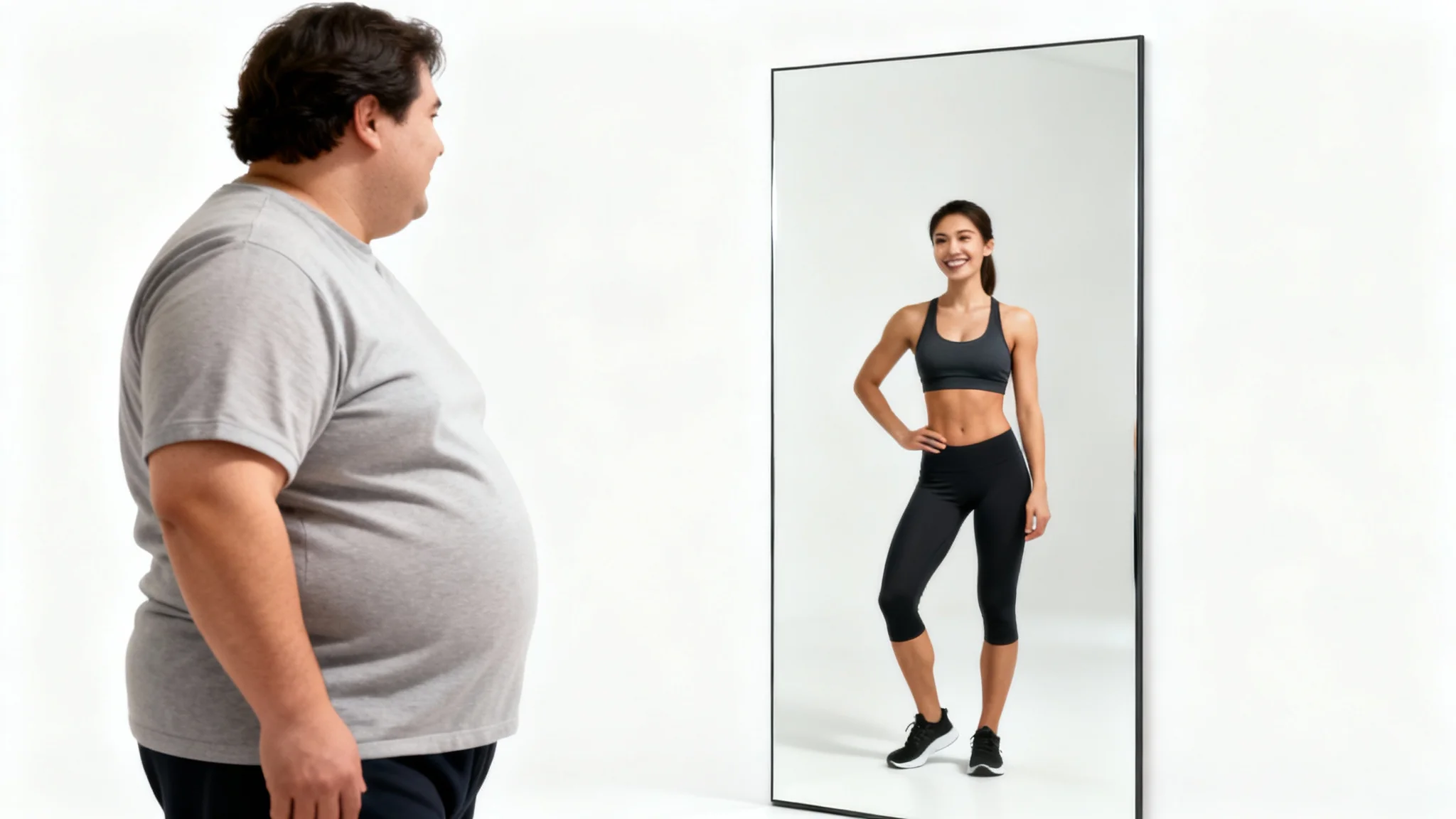 A person looks into a mirror, and their reflection shows a slimmer, healthier version of themselves, illustrating the concept of a weight loss simulator.