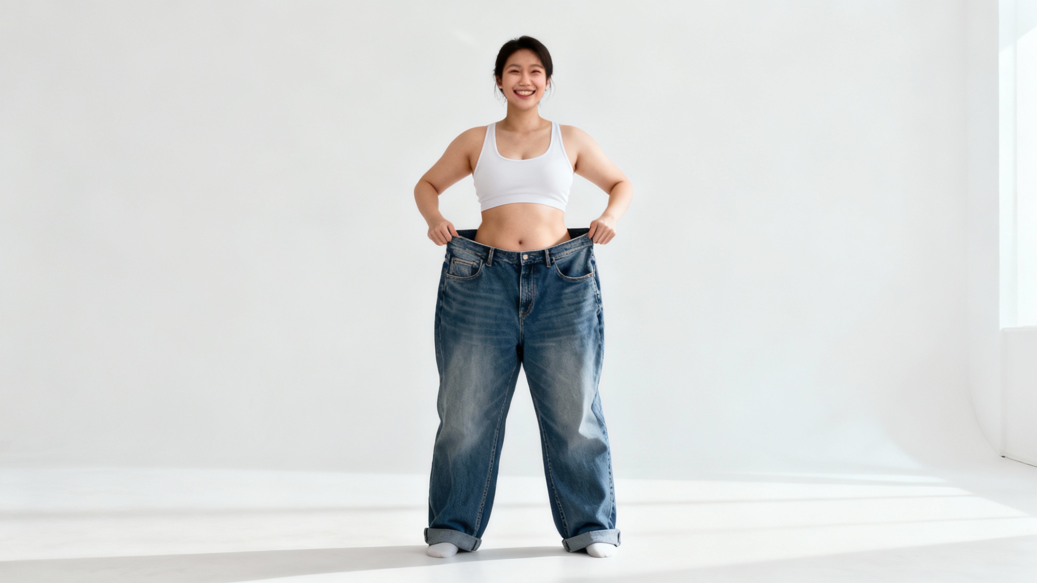 A photorealistic image of a happy and fit person holding up their old, oversized jeans to showcase their successful weight loss, against a clean white background.