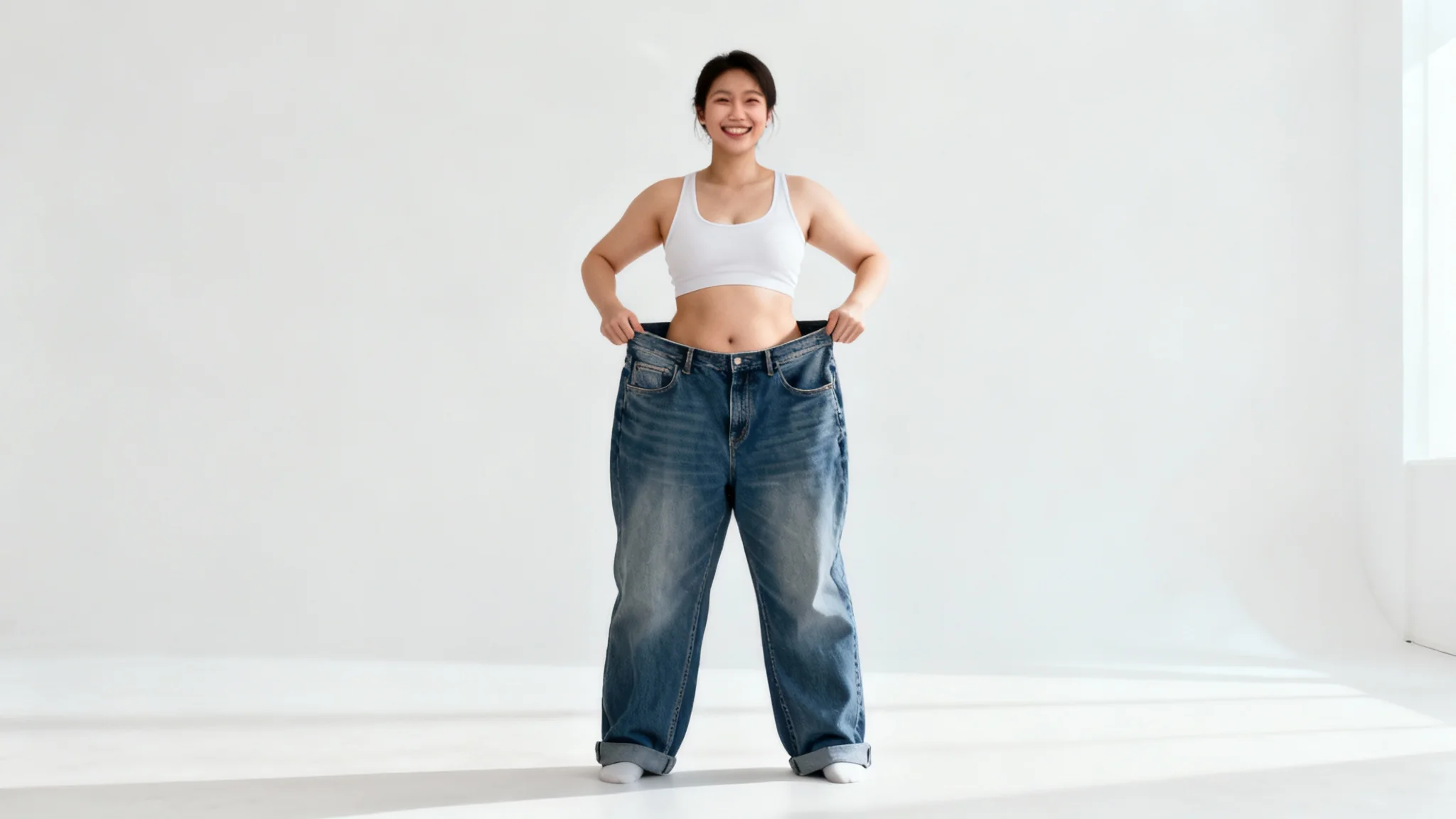 A photorealistic image of a happy and fit person holding up their old, oversized jeans to showcase their successful weight loss, against a clean white background.