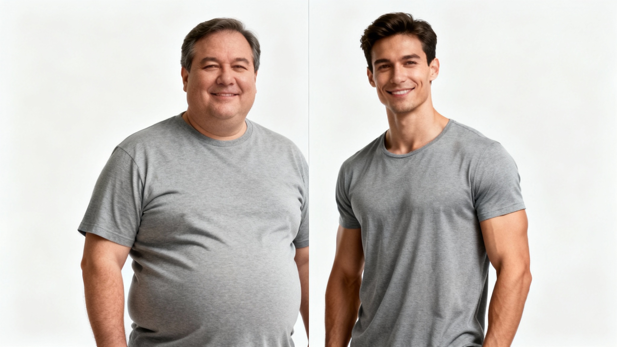 A conceptual image showing a weight loss transformation. A split view of a man shows him as overweight on one side and as fit and healthy on the other, representing the outcome of a weight loss simulator.
