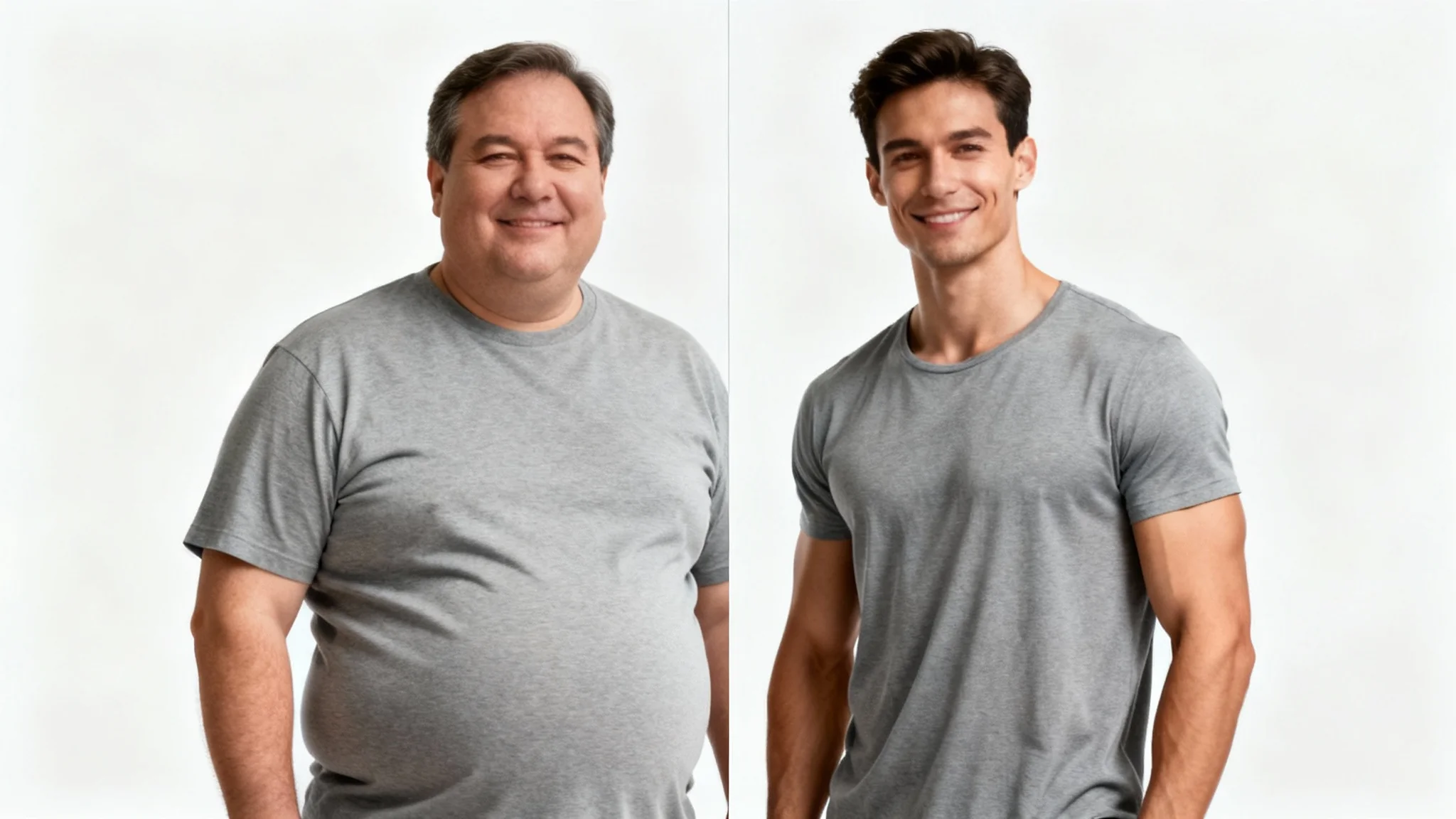 A conceptual image showing a weight loss transformation. A split view of a man shows him as overweight on one side and as fit and healthy on the other, representing the outcome of a weight loss simulator.