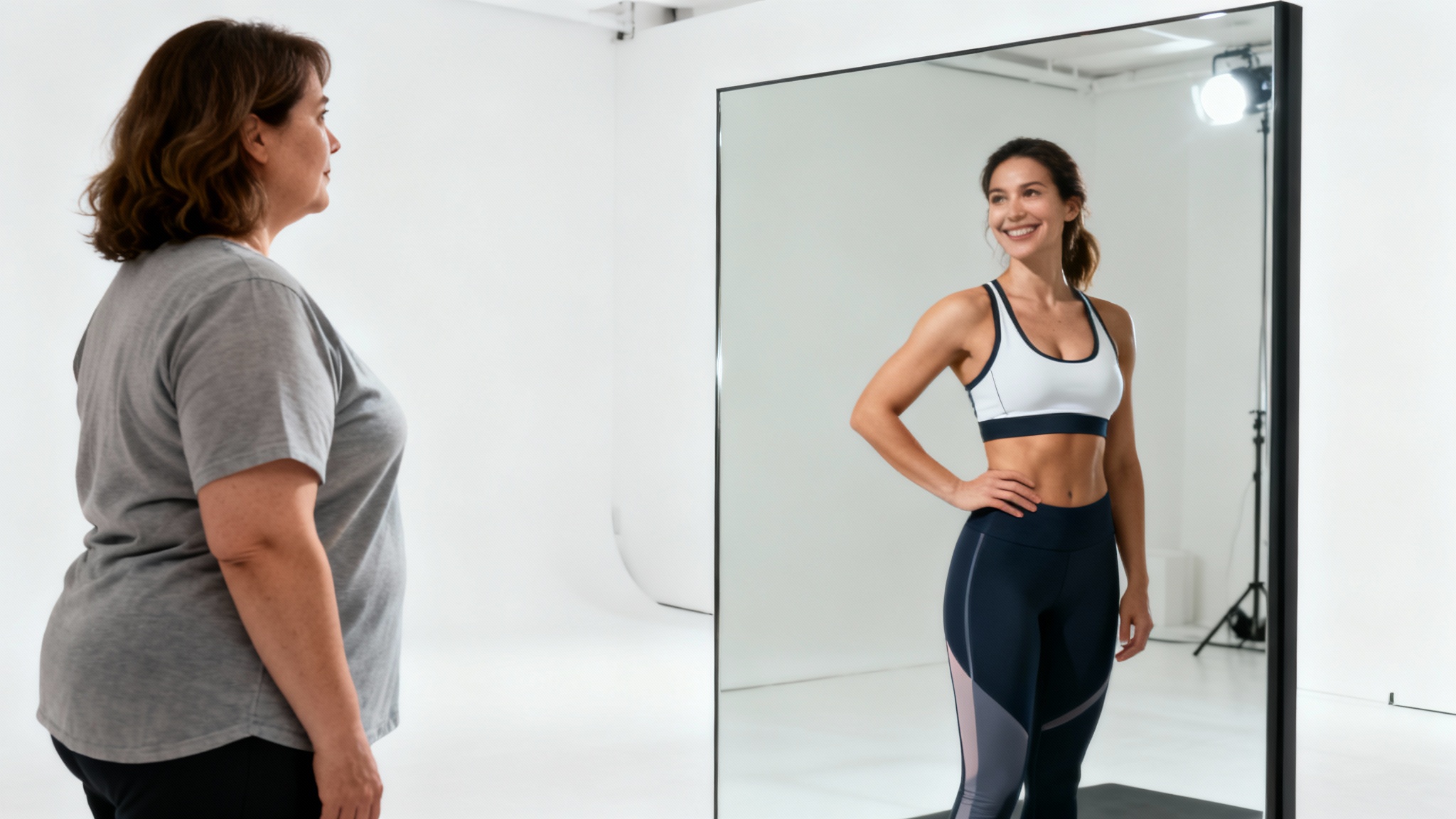 A woman looks into a mirror and sees a fitter, healthier version of herself, symbolizing the positive outcome from a weight loss simulator.