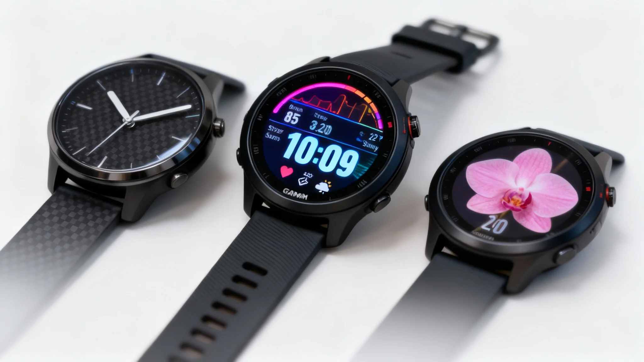 Three modern Garmin smartwatches displayed in a row, each with a different custom-designed watch face: one with futuristic data charts, one with a minimalist analog design, and one with a pink orchid photo background.