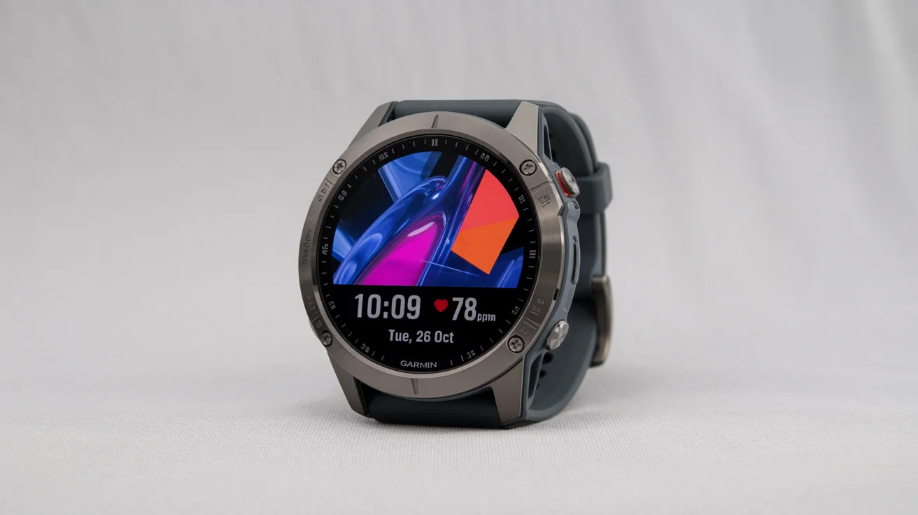 A modern, rugged sports smartwatch with a black strap and dark grey bezel, displaying a custom watch face with a colorful abstract design and fitness data, on a white background.