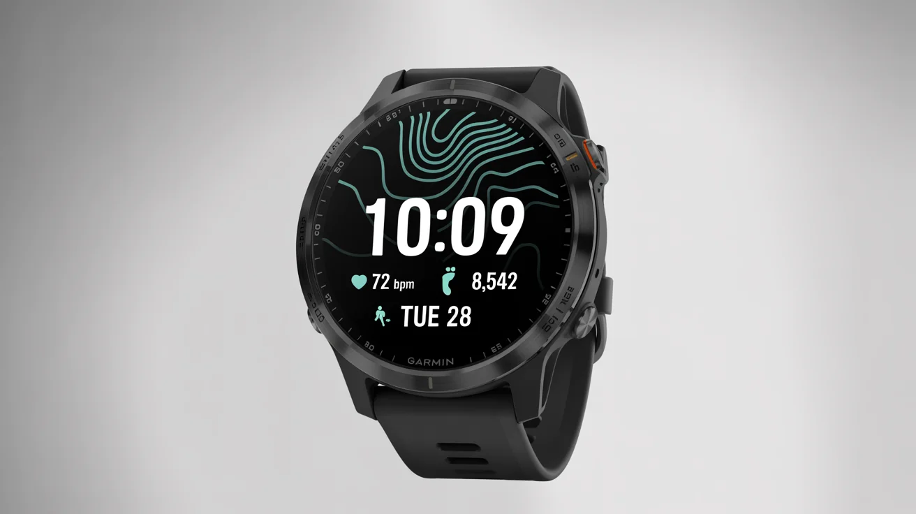 A close-up product shot of a black Garmin smartwatch on a white background. The custom watch face shows the time, date, heart rate, and step count with a turquoise topographical map design.