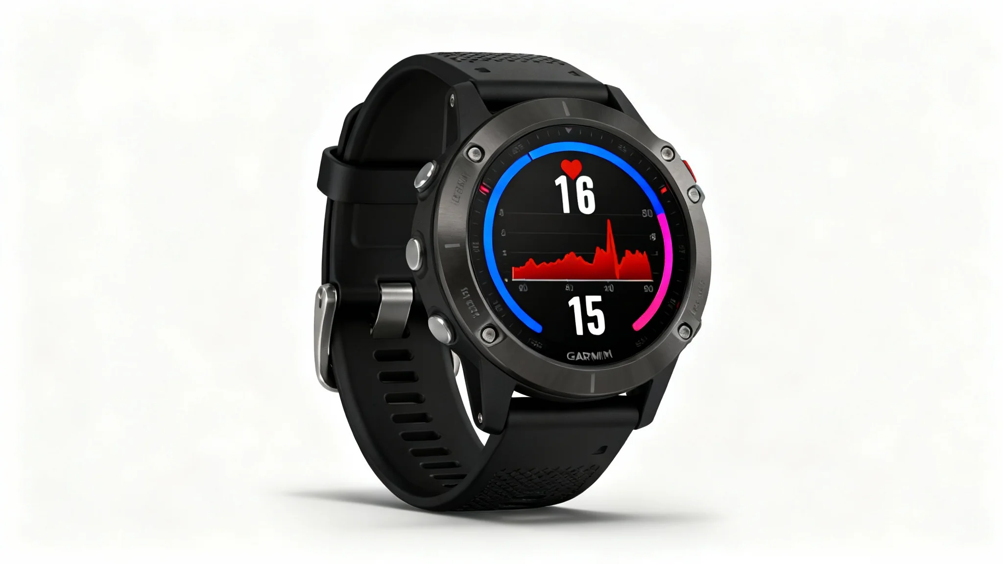 A photorealistic mockup of a modern Garmin smartwatch with a colorful, data-heavy watch face, presented on a clean white background.