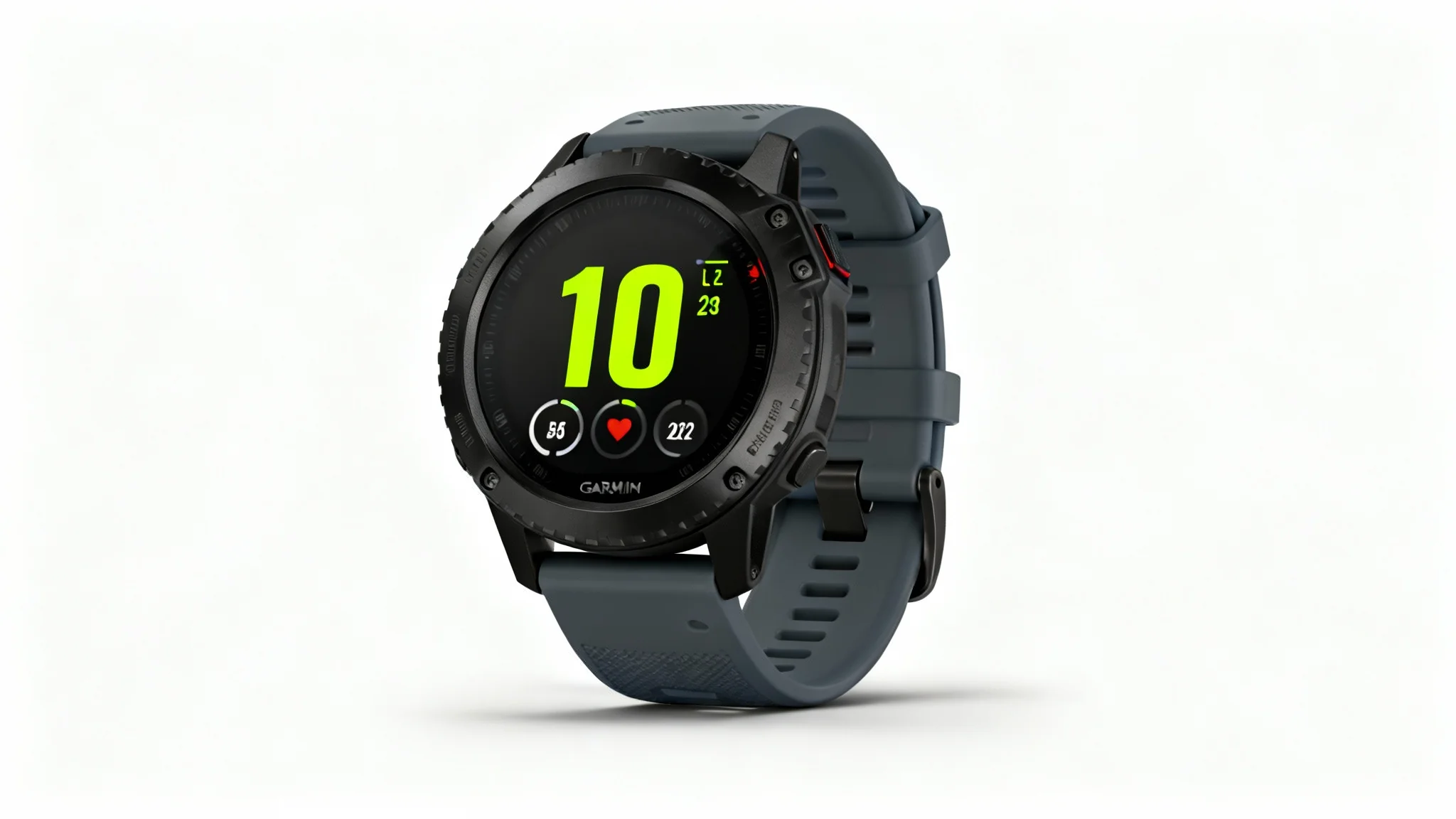 A photorealistic mockup of a black Garmin smartwatch with a custom digital watch face showing time, steps, and heart rate, set against a clean white background.