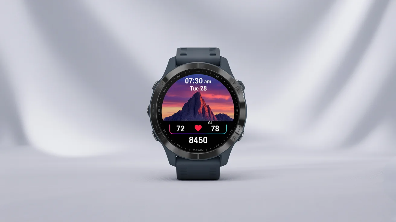 A photorealistic mockup of a modern Garmin smartwatch with a dark gray strap on a white background, displaying a custom watch face with a mountain sunrise background and fitness data.