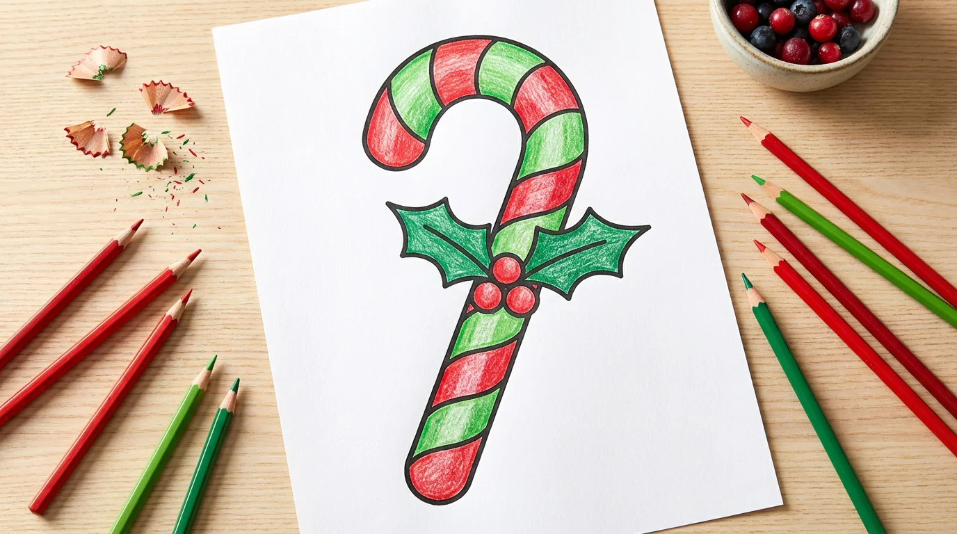 A top-down photo of a completed coloring page showing a vibrantly colored-in candy cane with holly, resting on a light wooden table next to colored pencils.