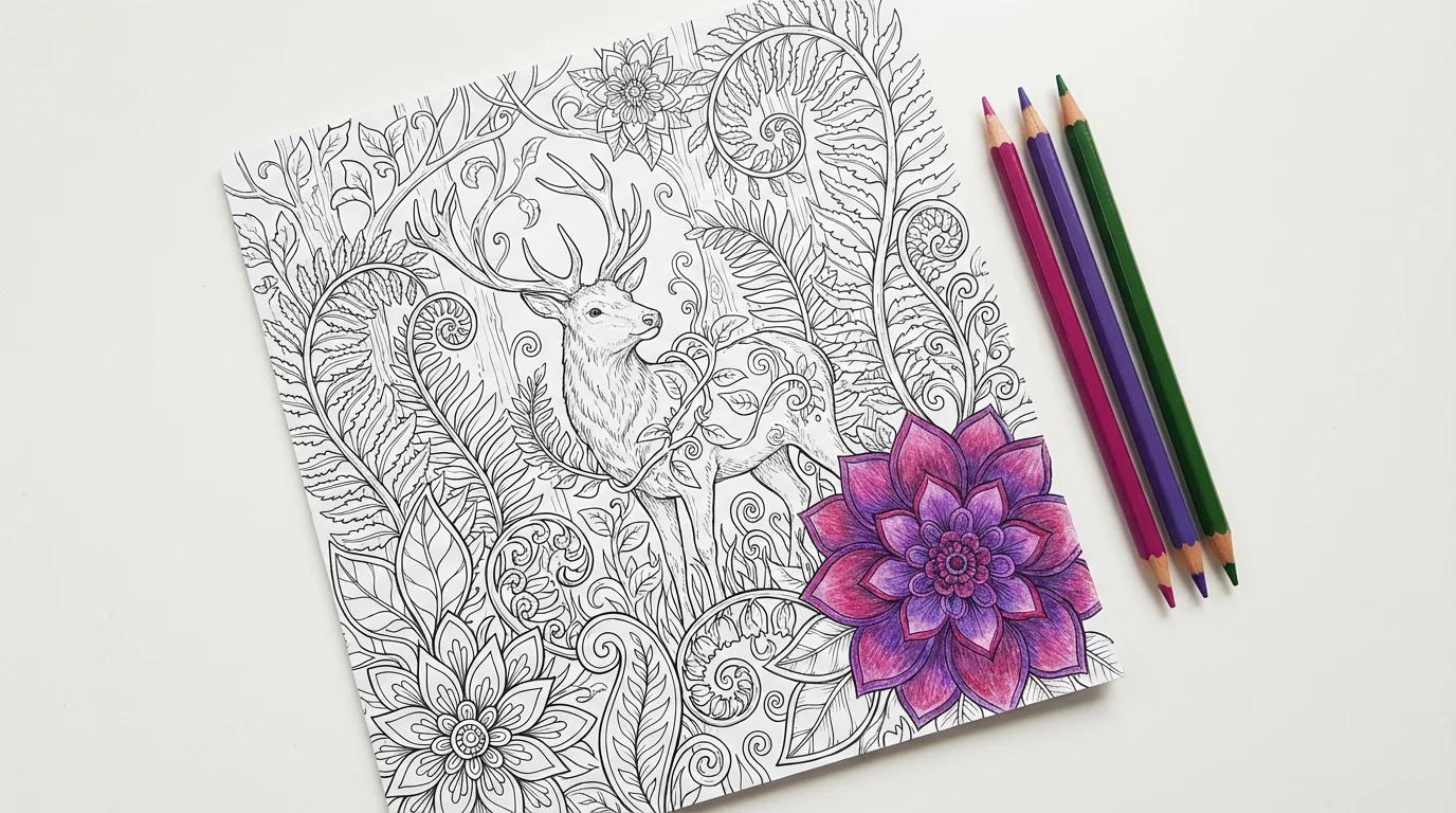 An intricate coloring page featuring a stag in a forest, partially colored in with purple and magenta. Three colored pencils lie next to the page on a white background.