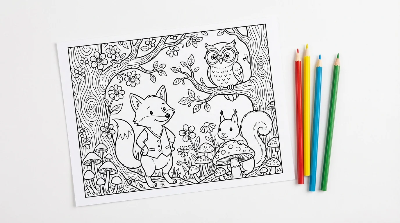 A black and white coloring page with a whimsical forest scene featuring a fox, an owl, and a squirrel, laid on a white surface next to four colored pencils.