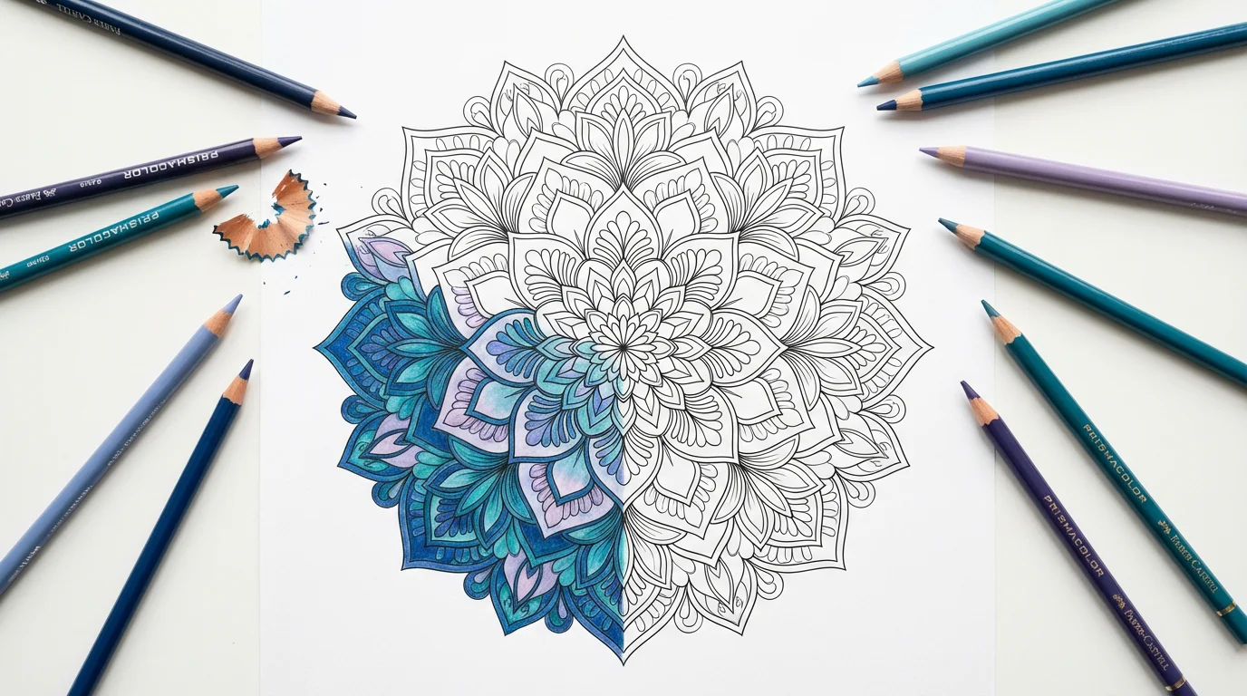 A top-down view of a partially colored mandala and floral coloring page on a white surface, with blue, teal, and purple colored pencils lying nearby.