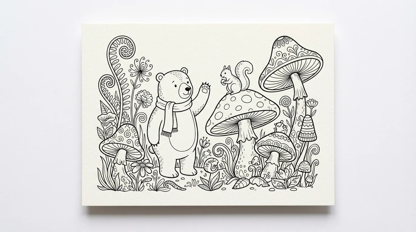 A black-and-white line art coloring page featuring a whimsical forest scene with a bear and a squirrel, displayed on a plain white background.
